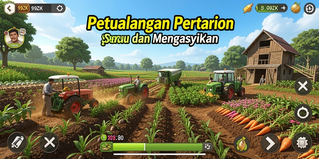 Tampilan gameplay 99ZK dengan berbagai kegiatan pertanian yang seru.