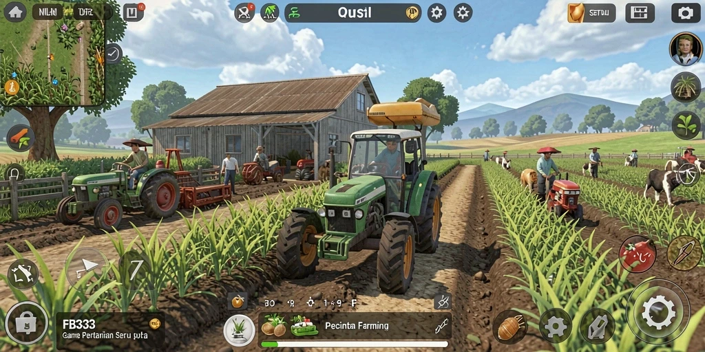 Tampilan gameplay FB333 dengan pertanian yang indah dan interaktif.