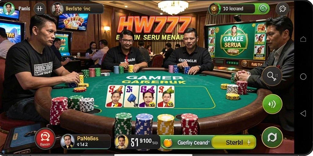 Tampilan gameplay HW777 dengan suasana poker yang penuh aksi.