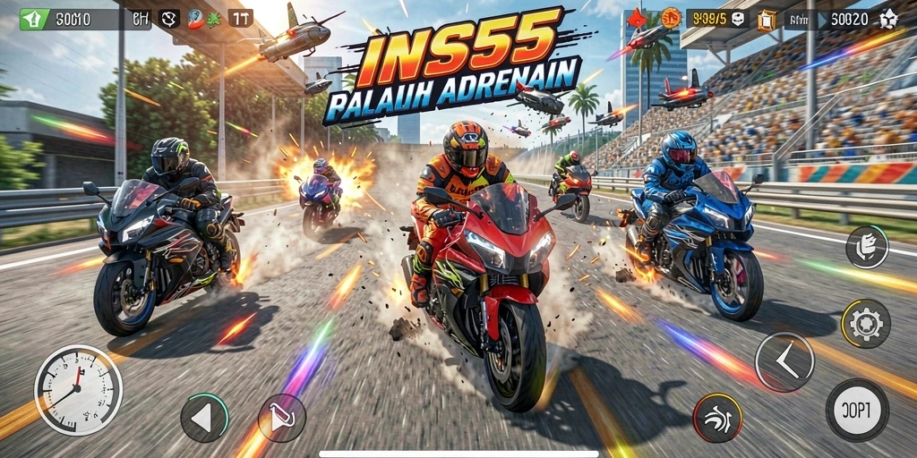 Tampilan gameplay menegangkan dari INS55 dengan motor balap cepat.