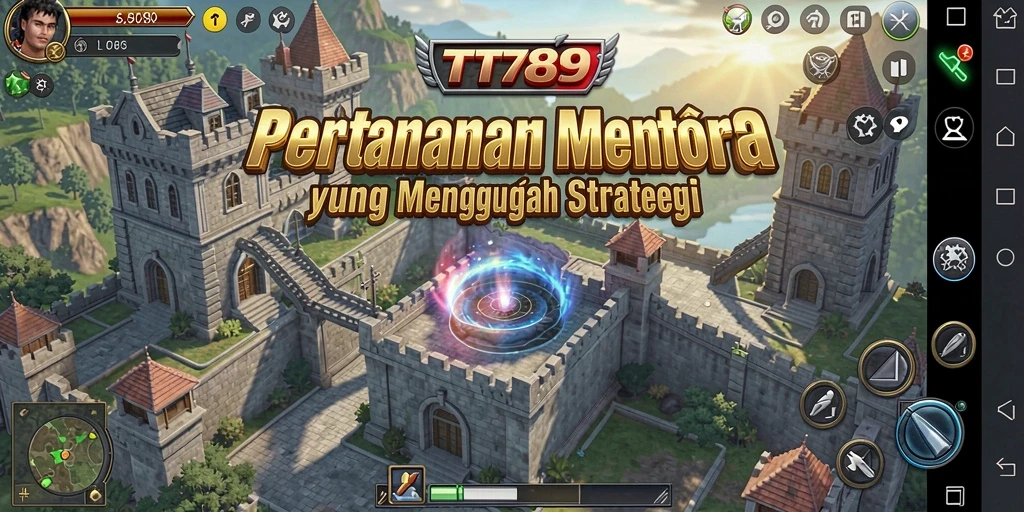 Screenshot gameplay TT789 yang menunjukkan serangan musuh dan pertahanan menara.