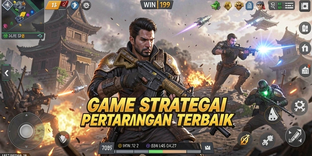 Screenshot utama menunjukkan pertempuran strategis yang intens.